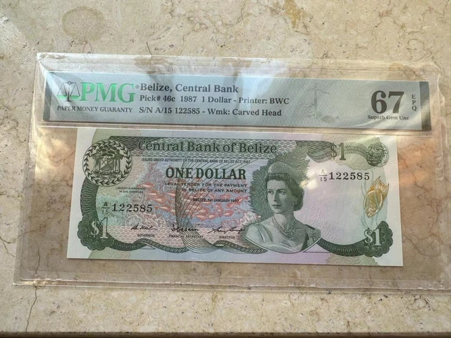 Belize  P#46c  1 dollar 1987  banknote PMG 67 Gem UNC