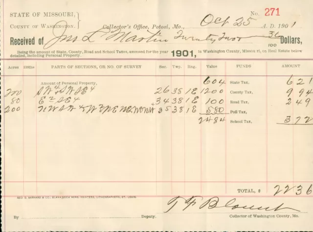 1901 Missouri State Collector's Office Receipt Washington Cty John Martin Taxes