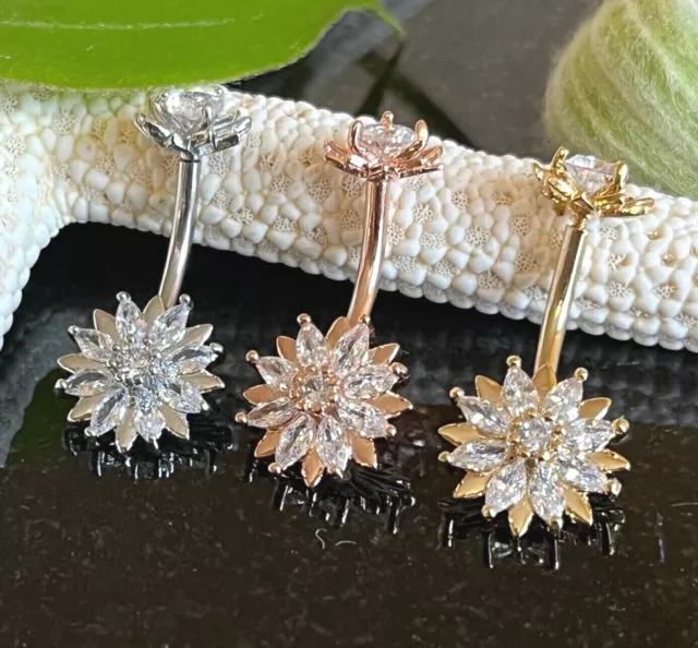1pc Marquise CZ Gem Flower Belly Button Ring Internally Threaded Navel Naval