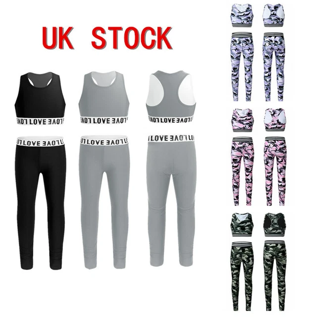 UK Kids Girls Leggings Sets Athletic Sports Outfits Racer Back Tank Skinny Pants