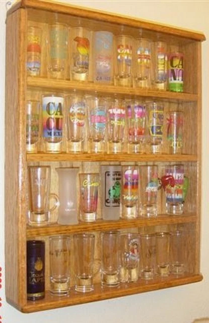 oak 4 inch shot glass  shooter display case rack shelf plexi front