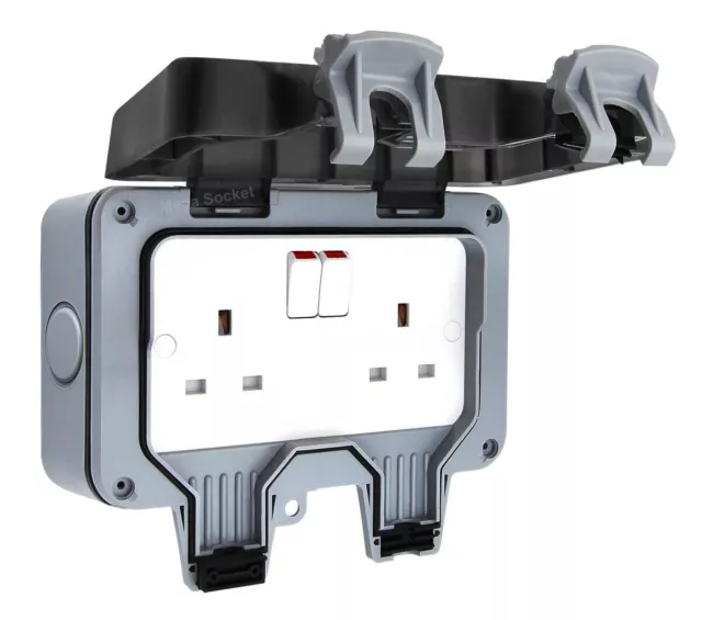 IP66 Waterproof Outdoor 13A 2 Gang Storm Switched Twin Double Socket Outside Use