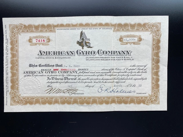 1932 American Gyro Company Capital Stock Certificate