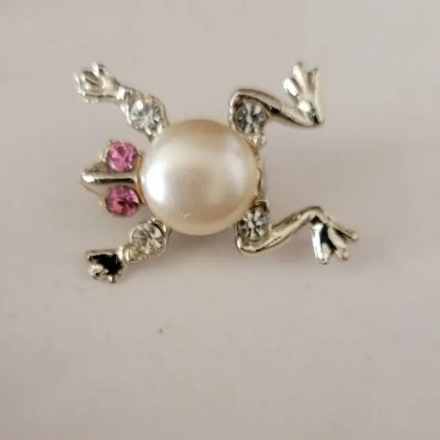 FROG Brooch Scatter Pin Jelly Belly Faux Pearl Rhinestone Accent 1 1/4"