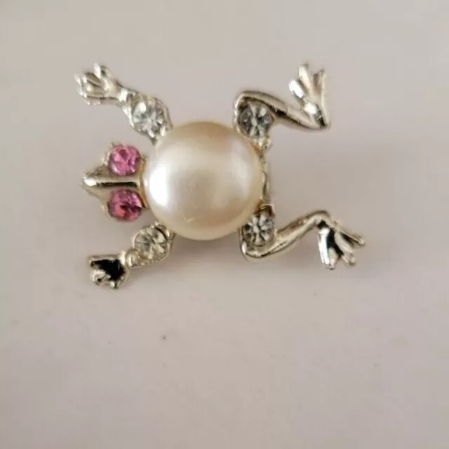FROG Brooch Scatter Pin Jelly Belly Faux Pearl Rhinestone Accent 1 1/4"