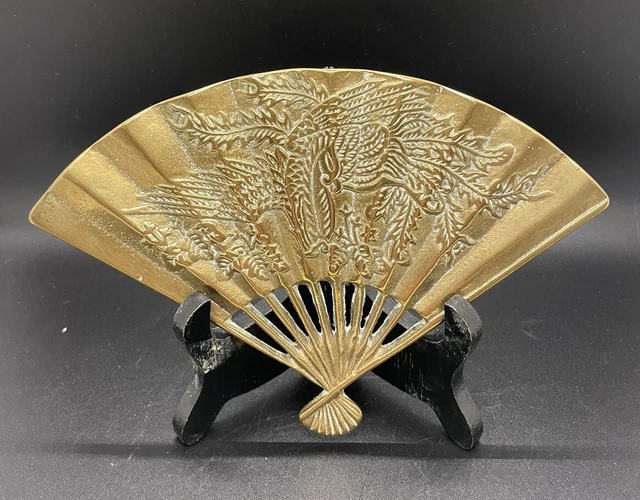 Vintage Solid Brass Asian Wall Fan Hanging Decor, Peacock, Phoenix, Handcrafted