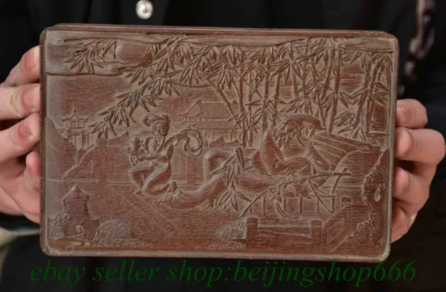 7.2" Old Chinese Huanghuali Wood Carved Dynasty Bamboo Figure Jewelry Box