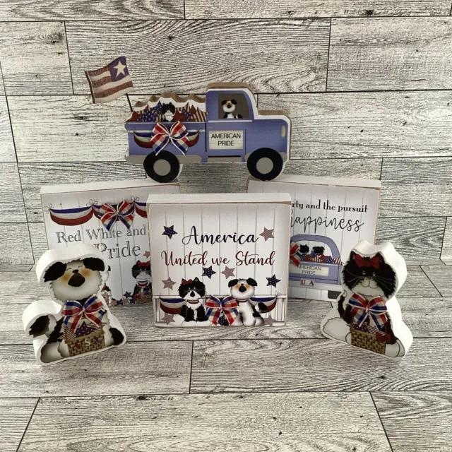 AGD Patriotic Decor - July 4th Dog Cat Truck Chunky Wood Sitter 5pc Set