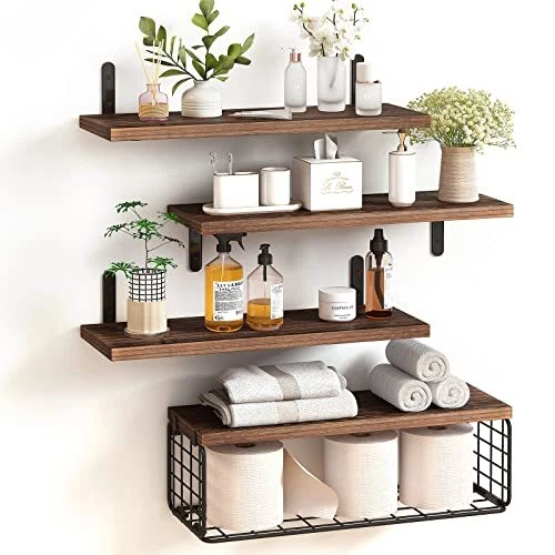 4+1 Tier Floating Shelves, Rustic Wood Wall Shelf, Bathroom Shelves Dark Brown