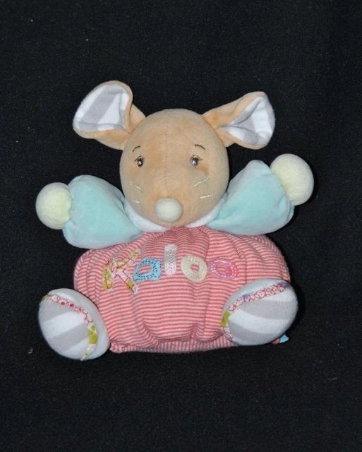Peluche doudou souris brun boule rouge rayé KALOO bras bleu grelot 18 cm TTBE