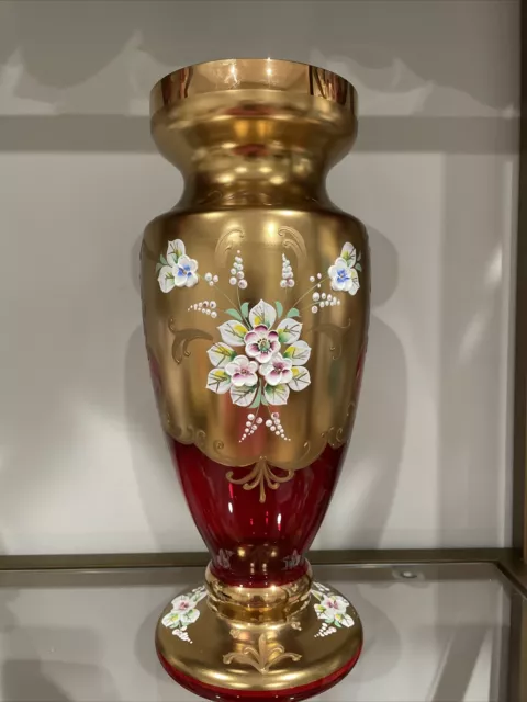 Gorgeous Large Bohemian Czech Cobalt Red Enamel Hand Cut Crystal Vase  12"