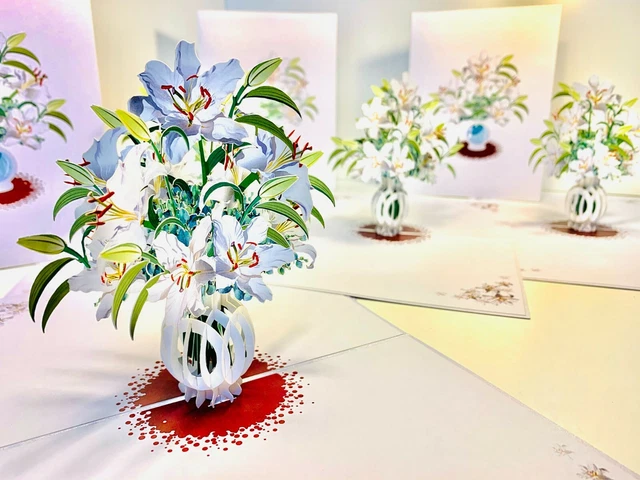 ORIGAMI POP CARDS Lilies Flower Bouquet 3D Pop Up Greeting Card Thank ...
