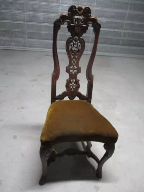 Antique Wooden Ornate Carved Chair High Back Upholstered Seat