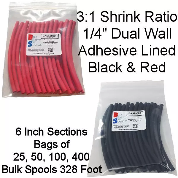 3:1 Heat Shrink Tubing Adhesive Lined Dual Wall - 1/4" Black & Red - 6" Sections