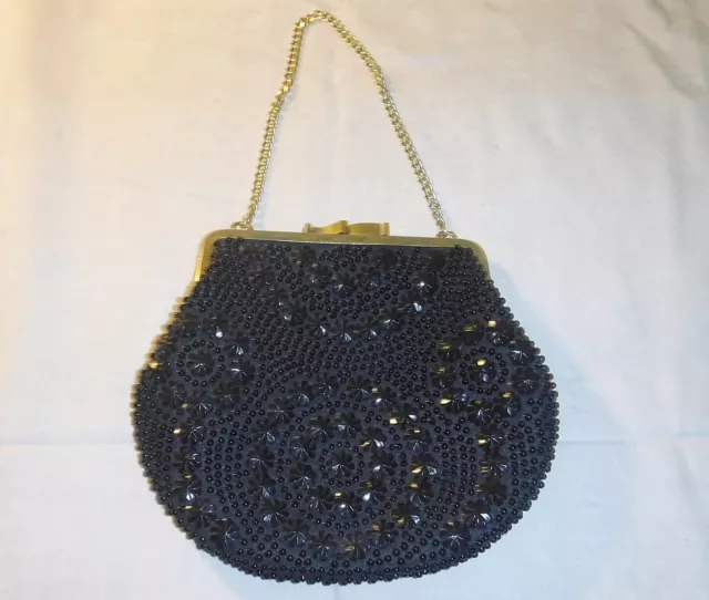 50S/60S Golden Name Lucite Black Beaded Handbag Deco Clasp Hand Chain Exquisite