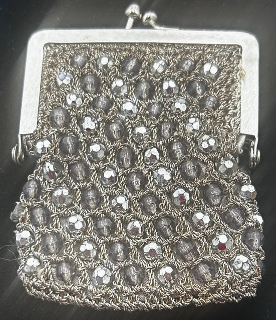 VTG Rosenfeld ITALY Metallic Glass Bead Crocheted Coin Purse. SIGNED Silk