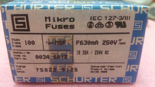 100x 0034.6012 Schurter Fusibles avec Fils (Trou Traversant) Msf 250v 630mA