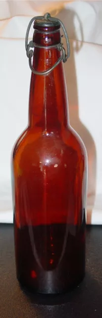Rare Antique Brown Glass Bottle With Wire Flip Stopper Top-12" X 3"