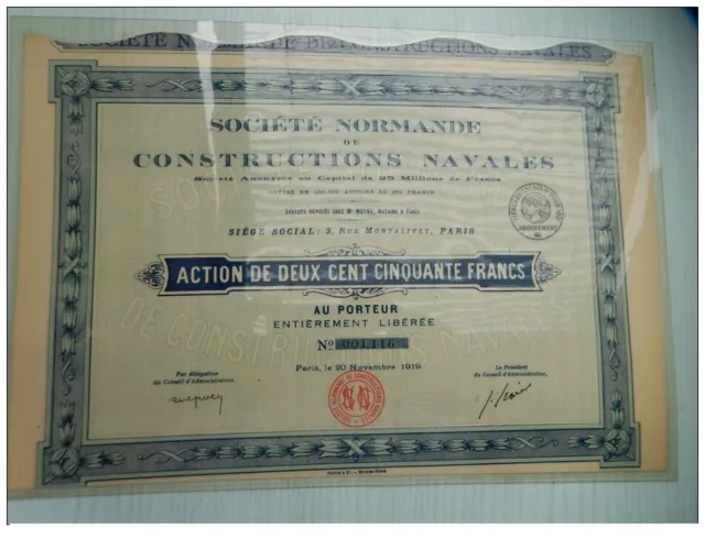 Ancienne action de 250F SOCIETE NORMANDE DE CONSTRUCTIONS NAVALES de 1919