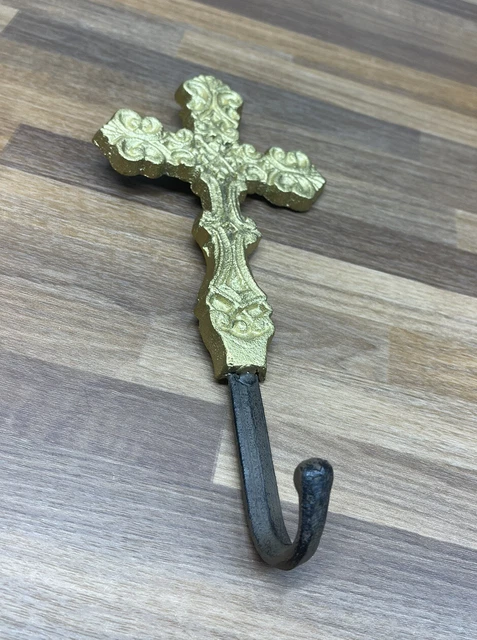 Ornate Decorative Cross Wall Hook  Coat Hat Hanger Wrought Iron Painted Gold