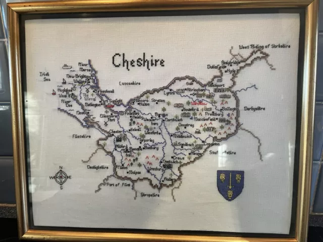 Vintage Needlepoint Framed Map Of Cheshire