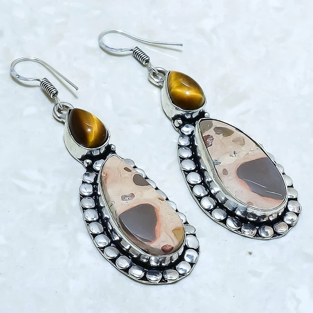 Leopard Skin Jasper, Tiger Eye Gemstone Silver Jewelry Earring 2.4" ELGR1169