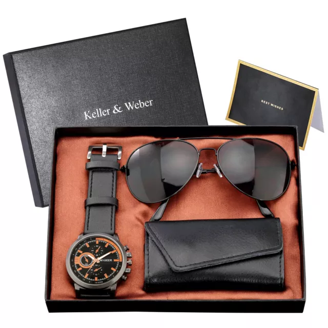 Mode Herren Quarz Analog Uhren mit schwarzer Sonnenbrille Schlüsselpaket Geschenkset Box