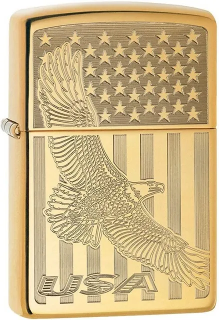 Zippo 08306 USA Flying Eagle and Flag Engraved High Polish Brass Lighter