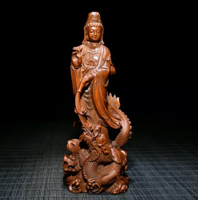 6.8'' China Wood Buddha Statue natural old Boxwood Kwan-yin Guanyin Statue