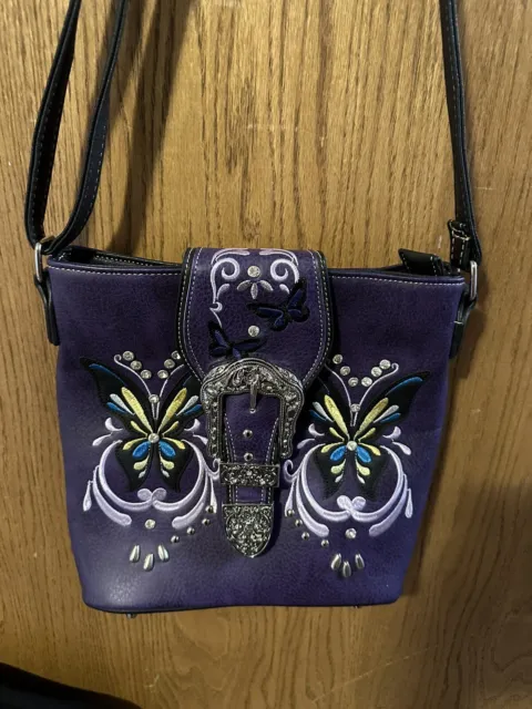 NWOT Conceal Carry Purple Purse Embroidered Butterflies With Rhinestones