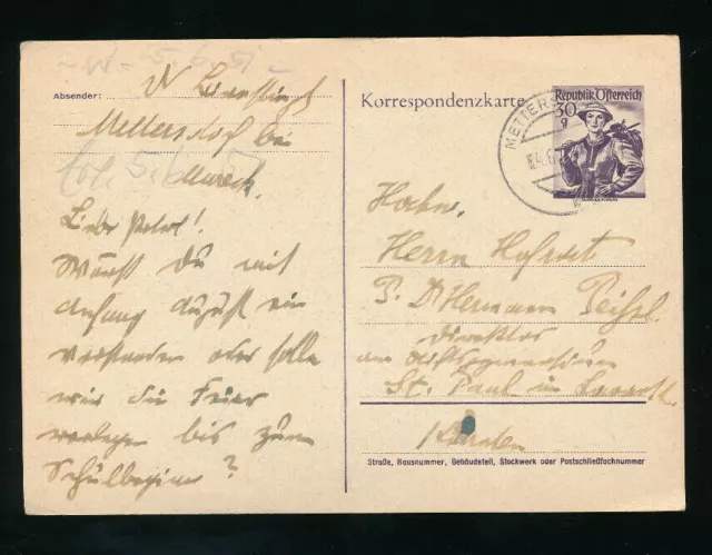 30 Groschen Trachten Ganzsachen-Karte 1951 aus Mettersdorf bei Mureck (K15)