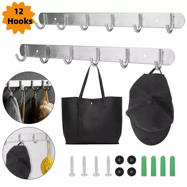 12 Hook Wall Mount Key Bag Towel Rack Hanger Holder Coat Robe Hat Clothes Rack