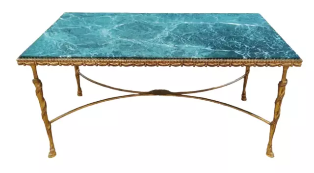 JANSEN    Table basse en bronze et laiton doré, marbre vert d'eau & pieds sabots