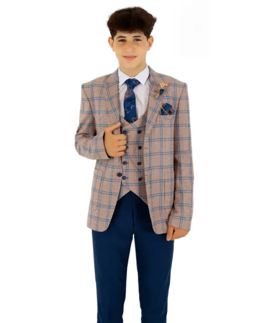 Boys Windowpane Check Suit Peach Navy Slim Fit Page Boy Wedding 3 Piece Set