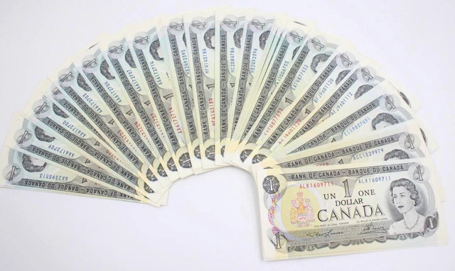 100x 1973 Canada $1 banknotes many consecutive runs  UNC to Choice UNC