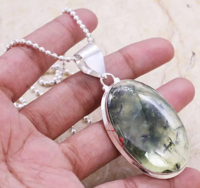 Delightful Moss Prehnite 925 Silver Plated Handmade Necklace of 16" Ethnic Gift