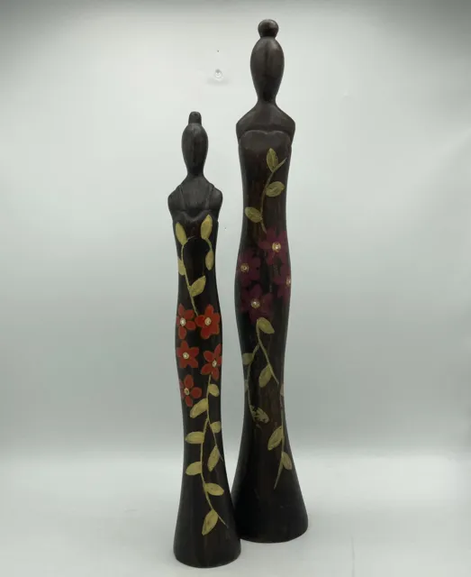 Pair Lovely Wooden Sleek Tall African Lady Figurines Hand Painted Floral Dress
