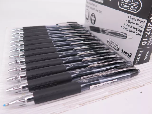 12 x BLACK Uni-ball Signo Gel Pen Retractable BOLD 1.0mm UMN207BBK TRACKED