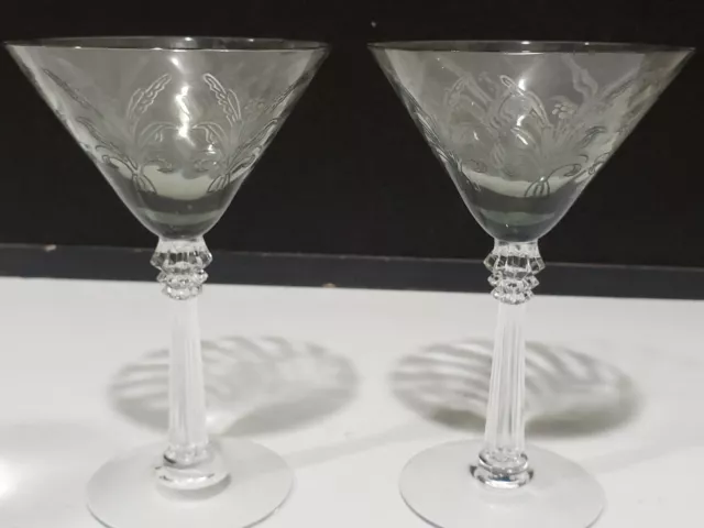 2-RARE Vintage FOSTORIA NOUVEAU GRAY Optic Crystal Gray Martini Glasses Stems