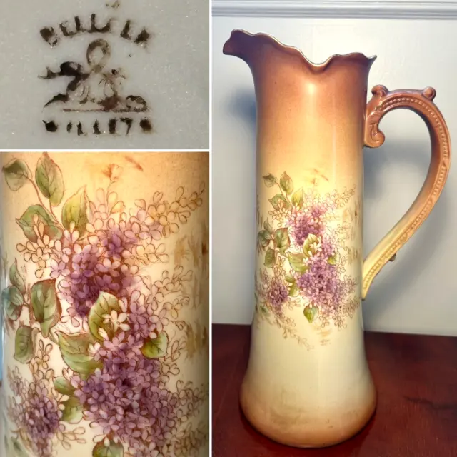 Early 1900's BELLEEK WILLETS Large 21" Tall Porcelain Brown Floral Pitcher Ewer
