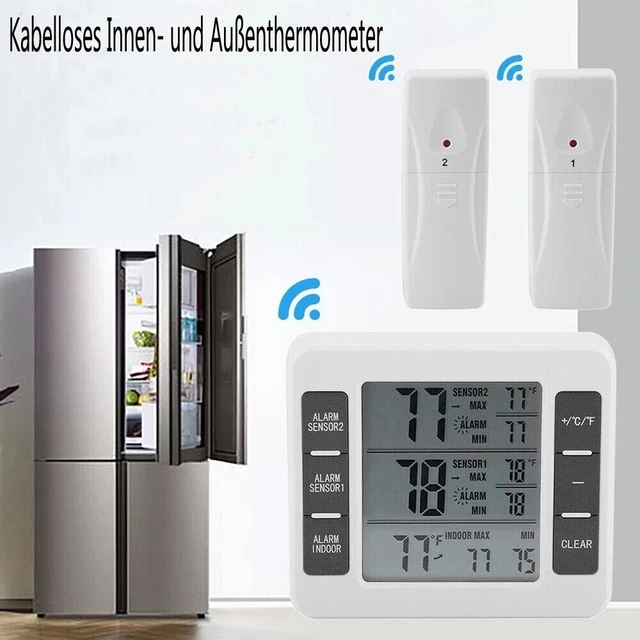 Rosenstein & Söhne termometro per frigorifero: Termometro digitale per frigorifero e congelatore, 2 sensori wireless, nero (termometro per congelatore