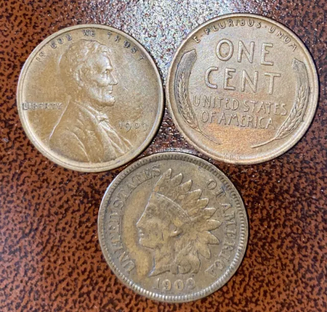 1909 VDB 1909-P 1909 Indian Head Cent (3) Lincoln Wheat Cent Penny 1C Very Nice
