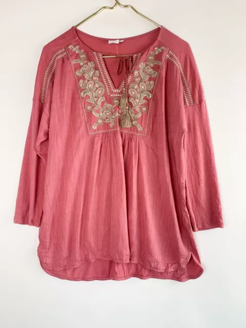 J.Jill Sz Medium M Embroidered Mixed Media Top Blouse Tunic Pink Muave