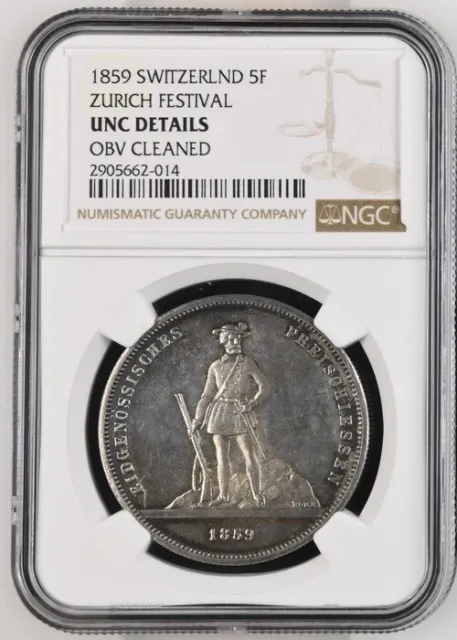 Switzerland 1859 Zurich 5 Francs Shooting Thaler NGC UNC Details, Rare 6k