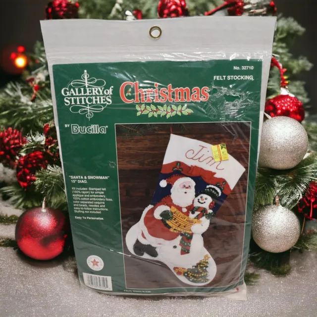 Kit de medias de fieltro Bucilla ""Santa & Snowman"" de 15" nuevo stock antiguo # 32710