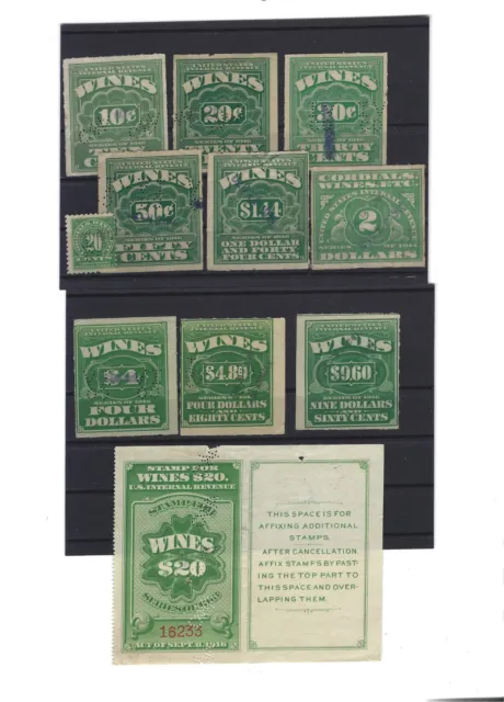 USA - 11 Wine Tax Stamps - Very Old - Stamped, partly Perfins