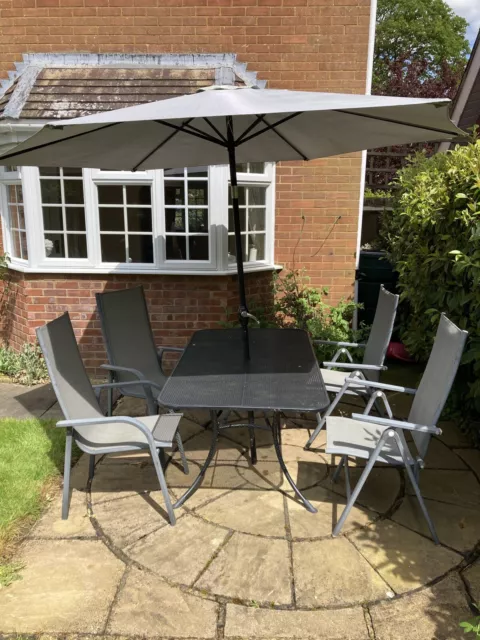 Garden Table and Chairs, Aluminium, 4 Chairs, Incl 2 Recliners, Parasol - Grey