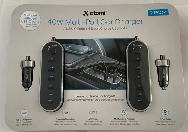 Atomi 40w Multi-port Car Charger; 2 pack. Equipped with dual USB – C ports.￼