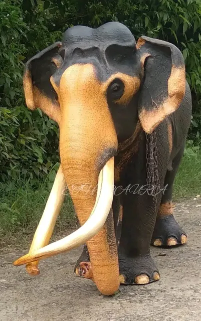 Large Handmade Elephant Wooden Carved Lucky Statue Home Craft Ornament Decor