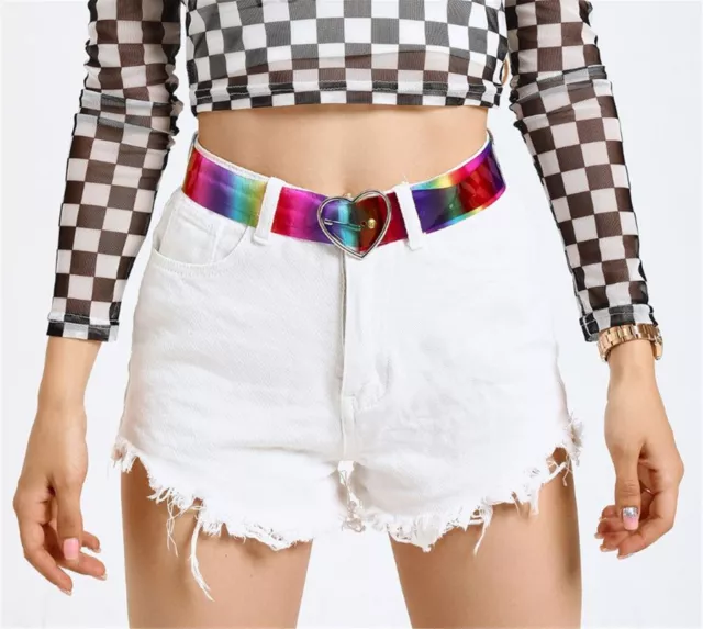 Women Teen Girl Rainbow Colorful 80' 70' Retro Neon Party Heart Buckle Belt Band